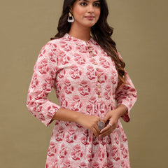 Floral Printed Pure Cotton Pleated A-Line Kurti