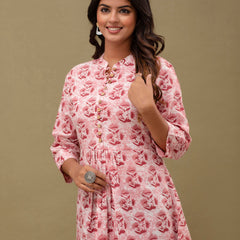 Floral Printed Pure Cotton Pleated A-Line Kurti