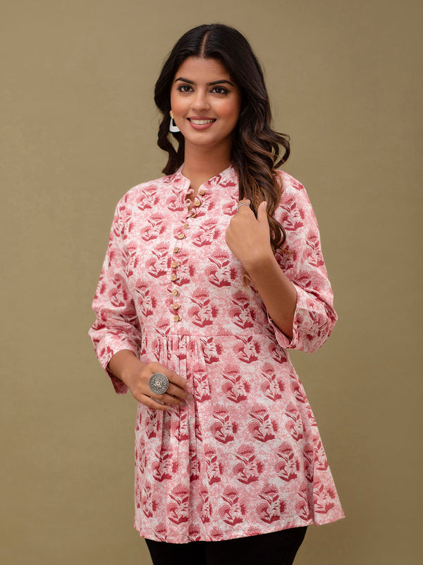 Floral Printed Pure Cotton Pleated A-Line Kurti