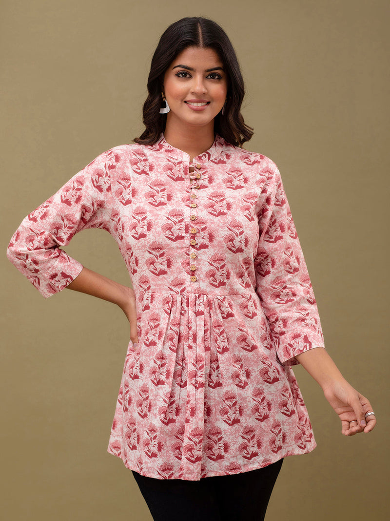 Floral Printed Pure Cotton Pleated A-Line Kurti