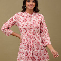 Floral Printed Pure Cotton Pleated A-Line Kurti