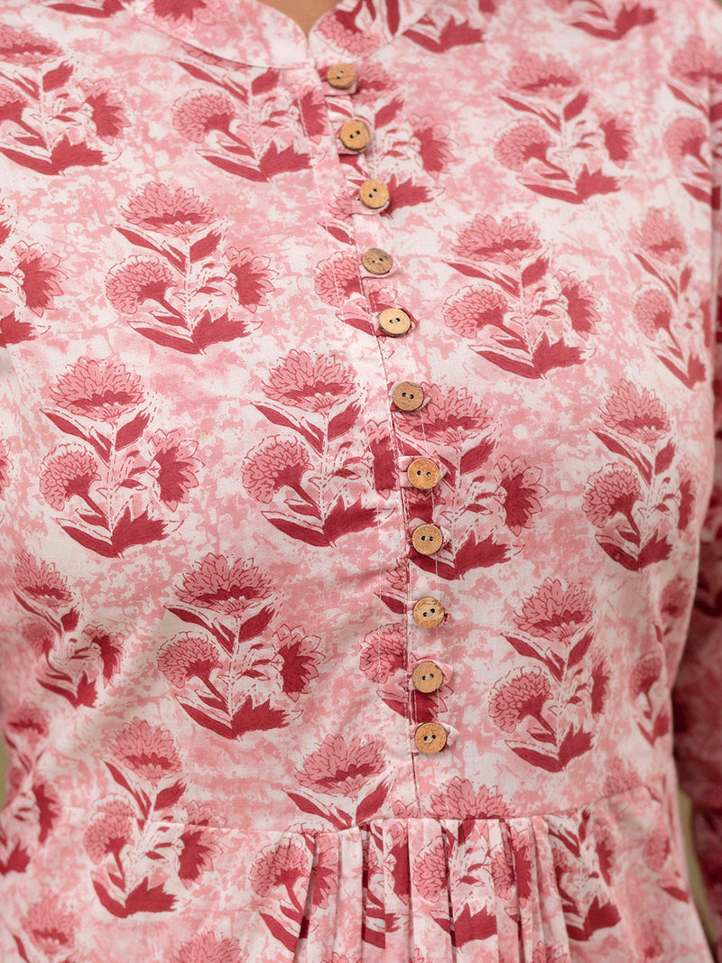 Floral Printed Pure Cotton Pleated A-Line Kurti