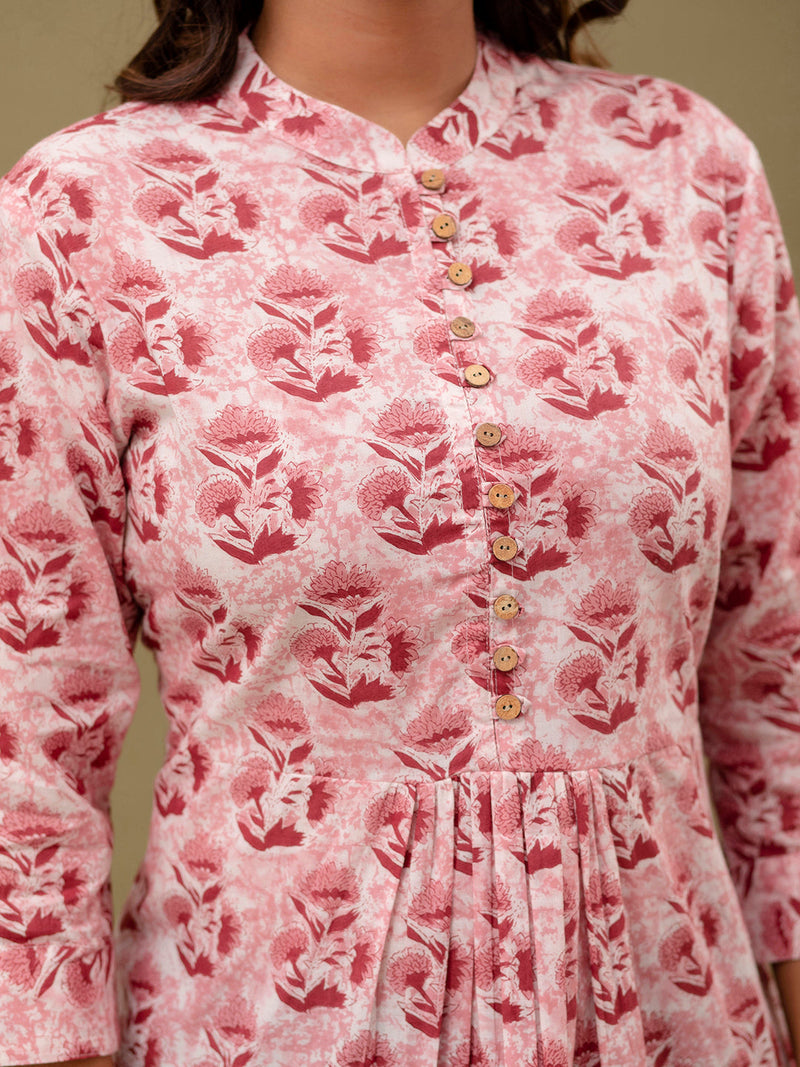 Floral Printed Pure Cotton Pleated A-Line Kurti