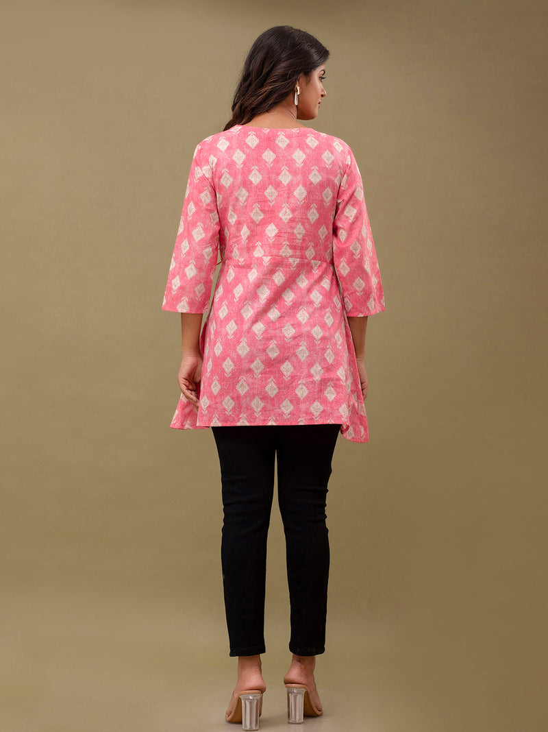 Floral Printed V-Neck Pure Cotton Angrakha A-Line