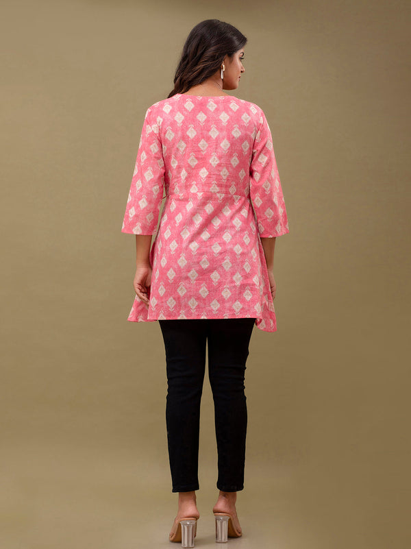 Floral Printed V-Neck Pure Cotton Angrakha A-Line