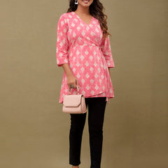 Floral Printed V-Neck Pure Cotton Angrakha A-Line