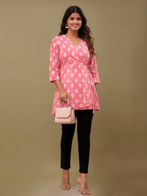 Floral Printed V-Neck Pure Cotton Angrakha A-Line