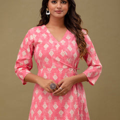 Floral Printed V-Neck Pure Cotton Angrakha A-Line