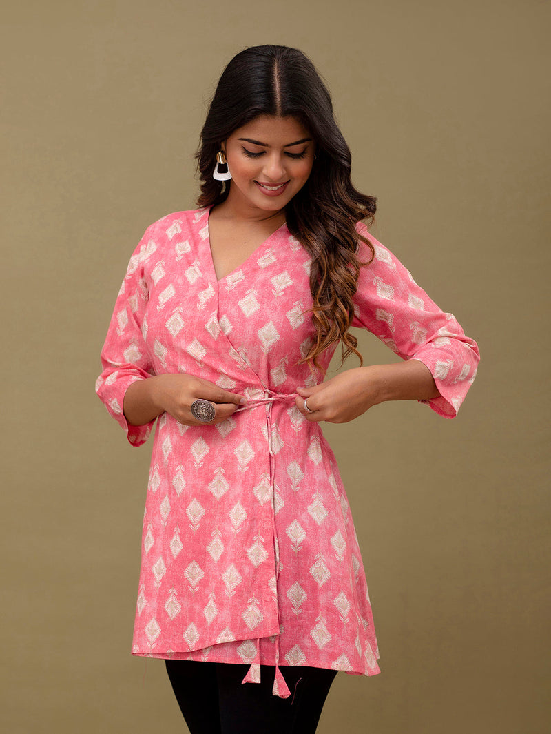 Floral Printed V-Neck Pure Cotton Angrakha A-Line