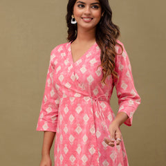 Floral Printed V-Neck Pure Cotton Angrakha A-Line