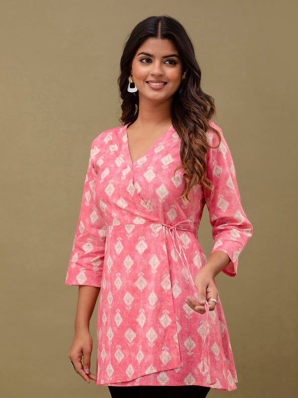 Floral Printed V-Neck Pure Cotton Angrakha A-Line