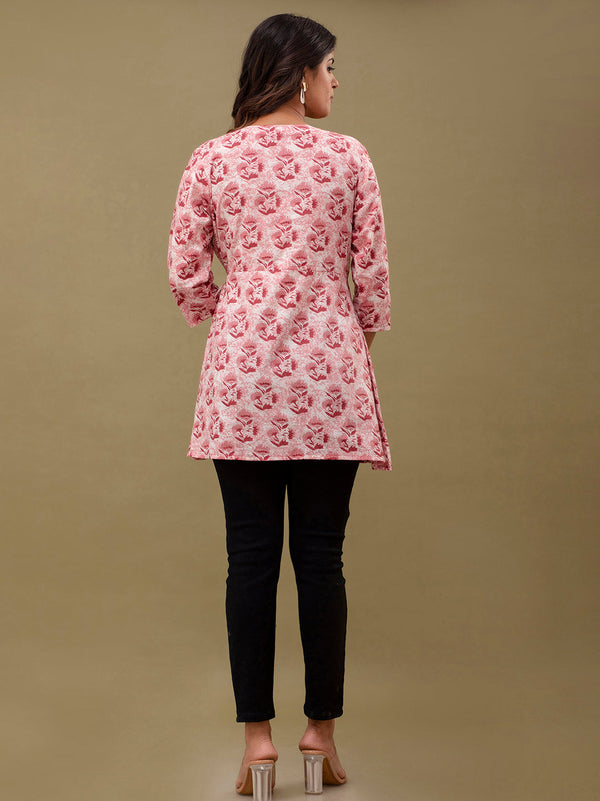 Floral Printed V-Neck Pure Cotton Angrakha A-Line