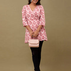 Floral Printed V-Neck Pure Cotton Angrakha A-Line