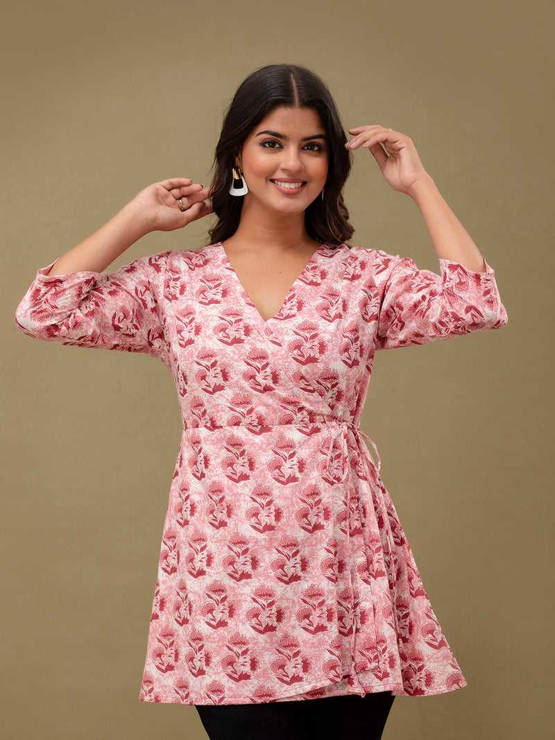 Floral Printed V-Neck Pure Cotton Angrakha A-Line