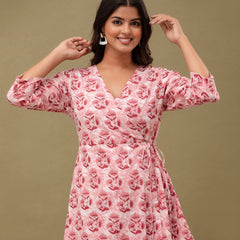 Floral Printed V-Neck Pure Cotton Angrakha A-Line
