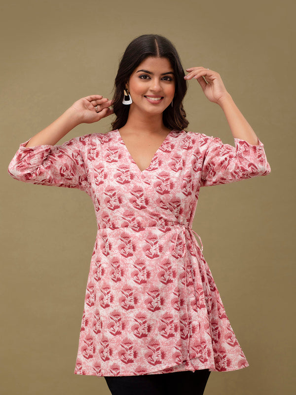 Floral Printed V-Neck Pure Cotton Angrakha A-Line