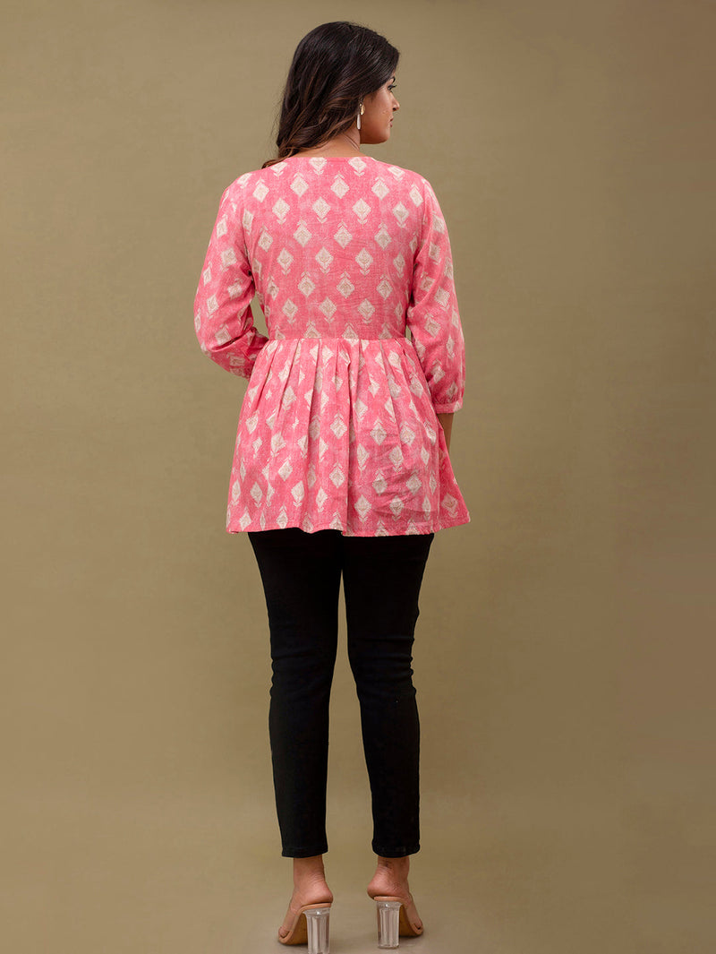 Floral Printed V-Neck Pure Cotton Pleated A-Line Kurti