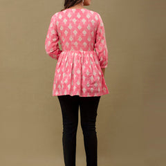 Floral Printed V-Neck Pure Cotton Pleated A-Line Kurti