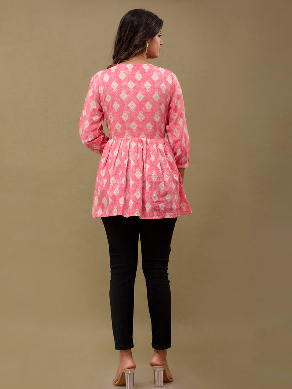 Floral Printed V-Neck Pure Cotton Pleated A-Line Kurti