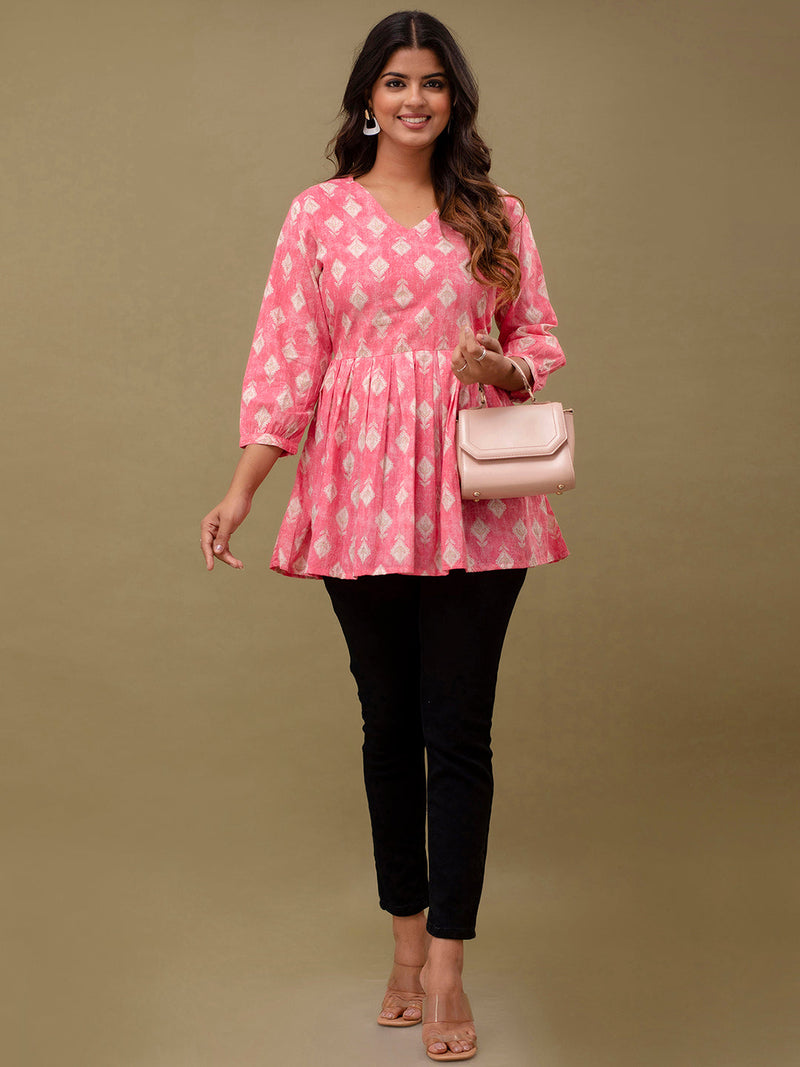 Floral Printed V-Neck Pure Cotton Pleated A-Line Kurti