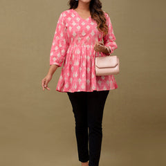Floral Printed V-Neck Pure Cotton Pleated A-Line Kurti