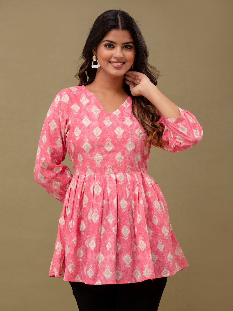 Floral Printed V-Neck Pure Cotton Pleated A-Line Kurti