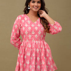 Floral Printed V-Neck Pure Cotton Pleated A-Line Kurti