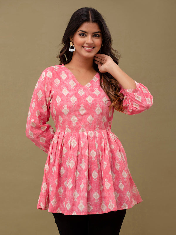 Floral Printed V-Neck Pure Cotton Pleated A-Line Kurti