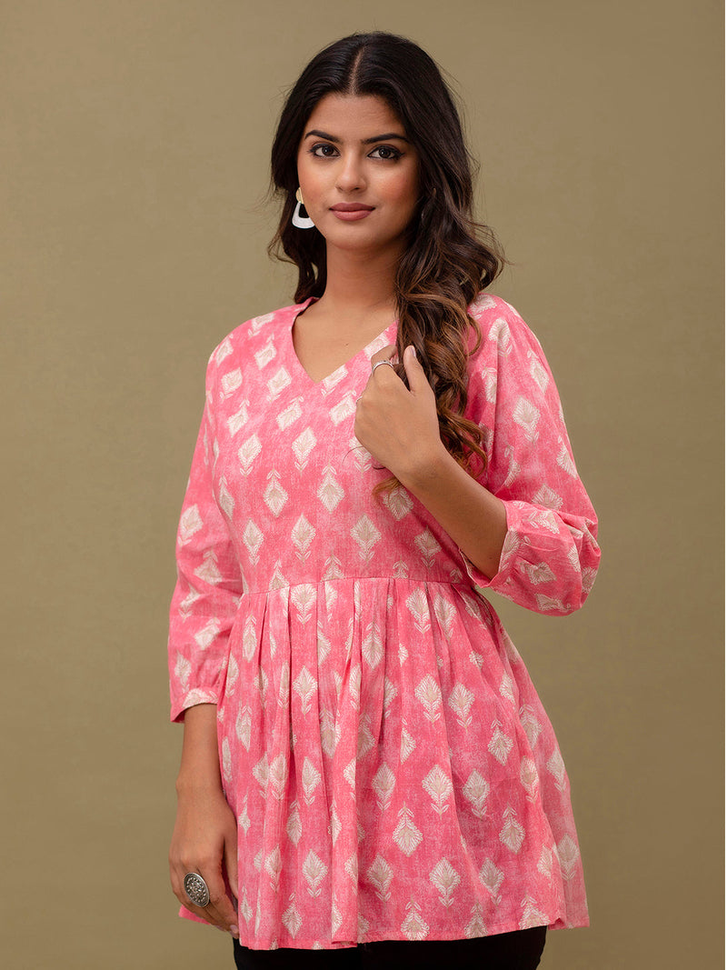 Floral Printed V-Neck Pure Cotton Pleated A-Line Kurti