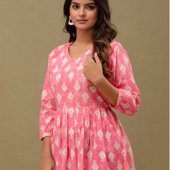 Floral Printed V-Neck Pure Cotton Pleated A-Line Kurti