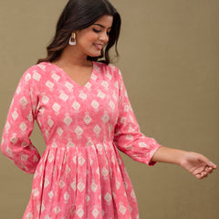 Floral Printed V-Neck Pure Cotton Pleated A-Line Kurti
