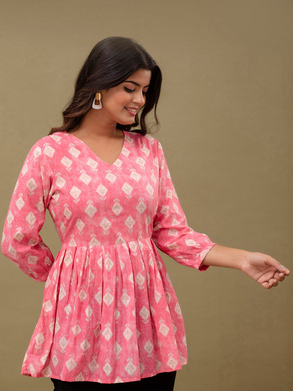 Floral Printed V-Neck Pure Cotton Pleated A-Line Kurti