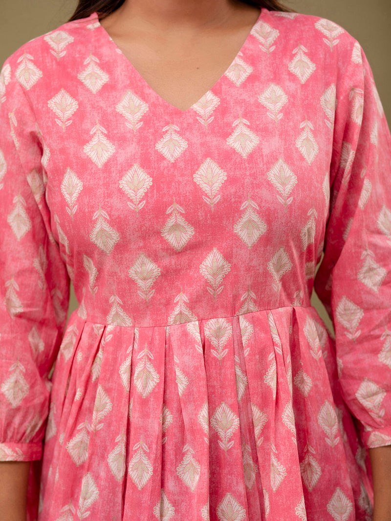 Floral Printed V-Neck Pure Cotton Pleated A-Line Kurti