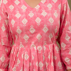 Floral Printed V-Neck Pure Cotton Pleated A-Line Kurti