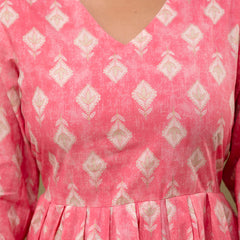 Floral Printed V-Neck Pure Cotton Pleated A-Line Kurti