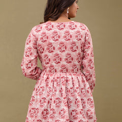 Floral Printed V-Neck Pure Cotton Pleated A-Line Kurti