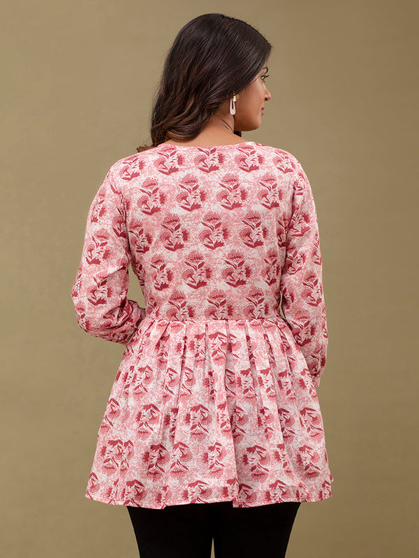 Floral Printed V-Neck Pure Cotton Pleated A-Line Kurti