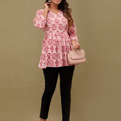 Floral Printed V-Neck Pure Cotton Pleated A-Line Kurti
