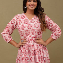 Floral Printed V-Neck Pure Cotton Pleated A-Line Kurti