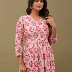 Floral Printed V-Neck Pure Cotton Pleated A-Line Kurti