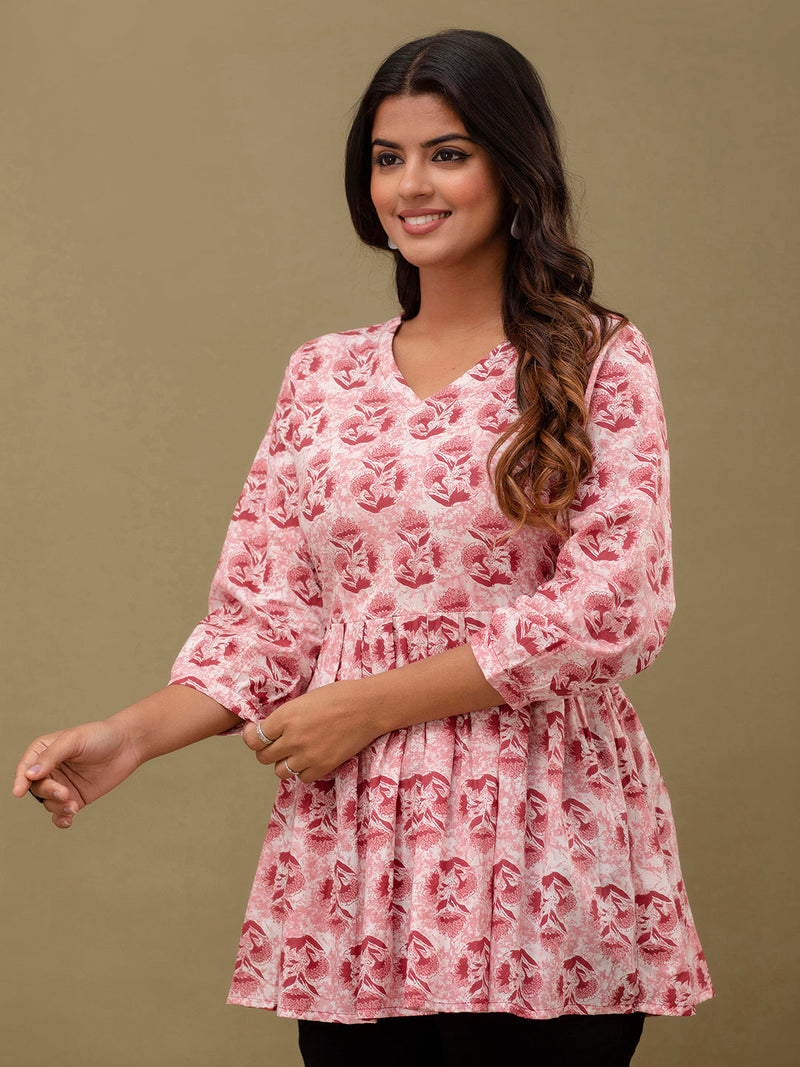 Floral Printed V-Neck Pure Cotton Pleated A-Line Kurti
