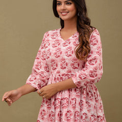 Floral Printed V-Neck Pure Cotton Pleated A-Line Kurti
