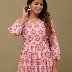 Floral Printed V-Neck Pure Cotton Pleated A-Line Kurti
