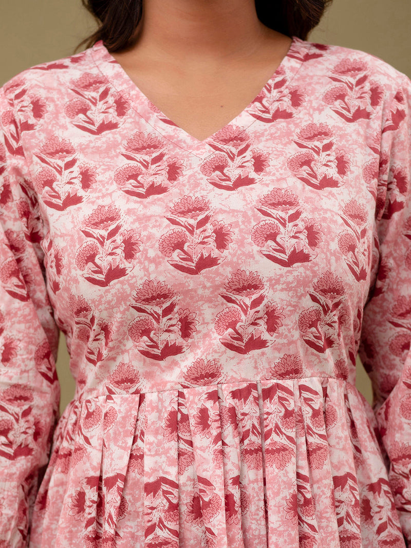 Floral Printed V-Neck Pure Cotton Pleated A-Line Kurti