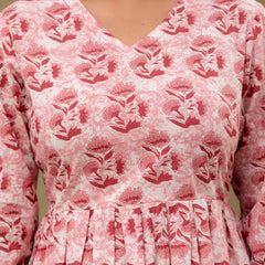 Floral Printed V-Neck Pure Cotton Pleated A-Line Kurti