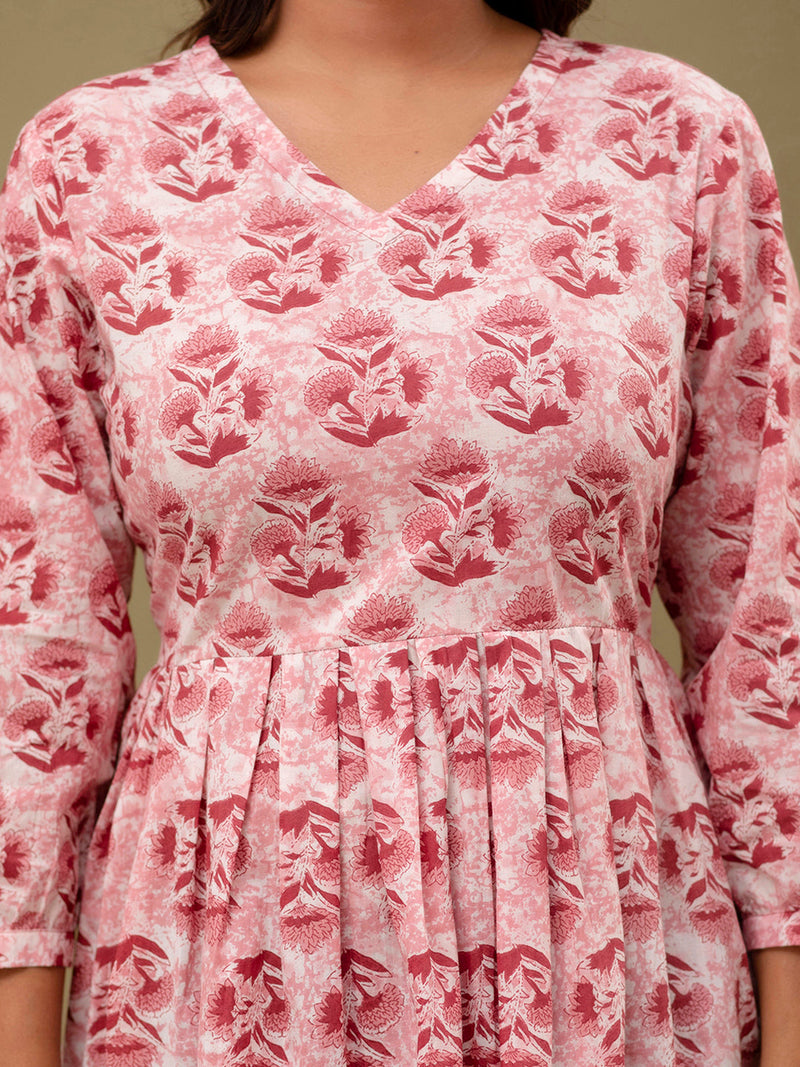 Floral Printed V-Neck Pure Cotton Pleated A-Line Kurti