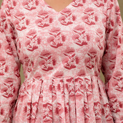 Floral Printed V-Neck Pure Cotton Pleated A-Line Kurti