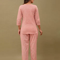 Pink Printed Cotton Night Suit with V-Neck Kurti & Ankle-Length Pants