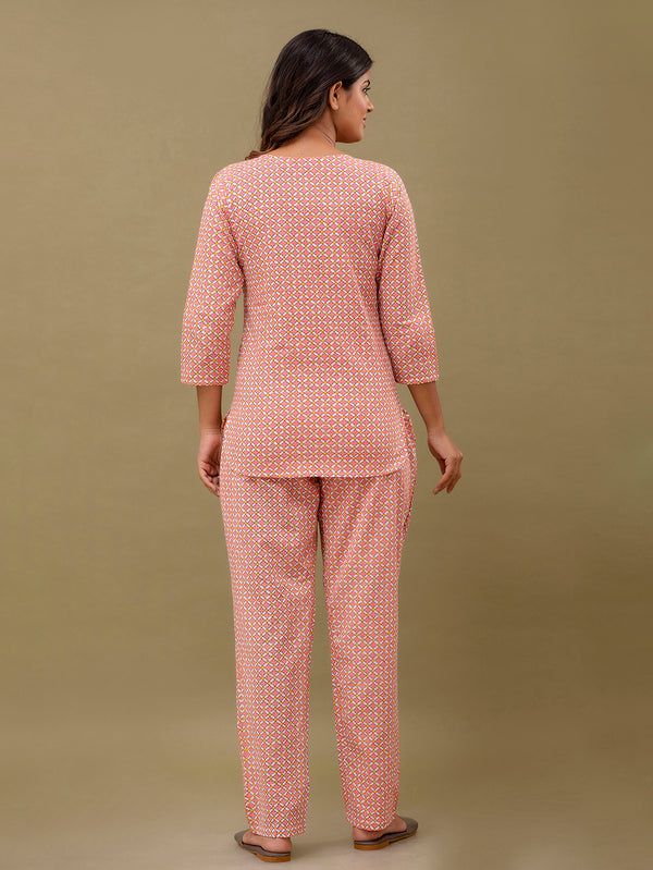 Pink Printed Cotton Night Suit with V-Neck Kurti & Ankle-Length Pants