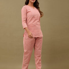 Pink Printed Cotton Night Suit with V-Neck Kurti & Ankle-Length Pants